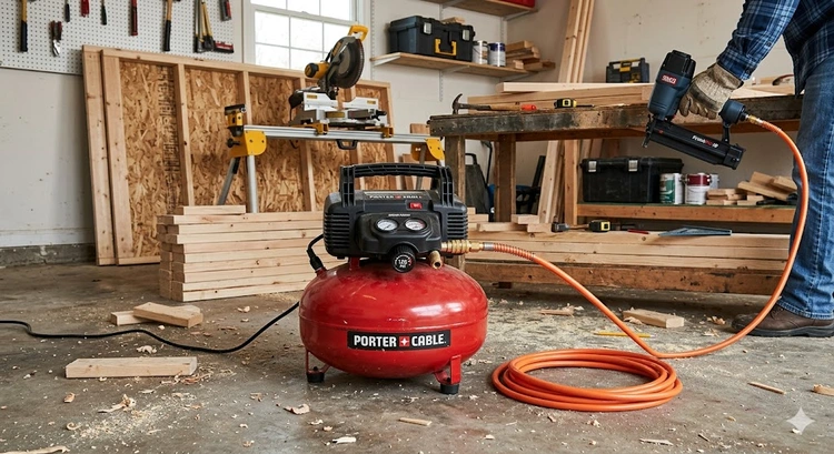 air compressor buying guide home use — portable pancake and upright stationary compressor models in a garage workshop