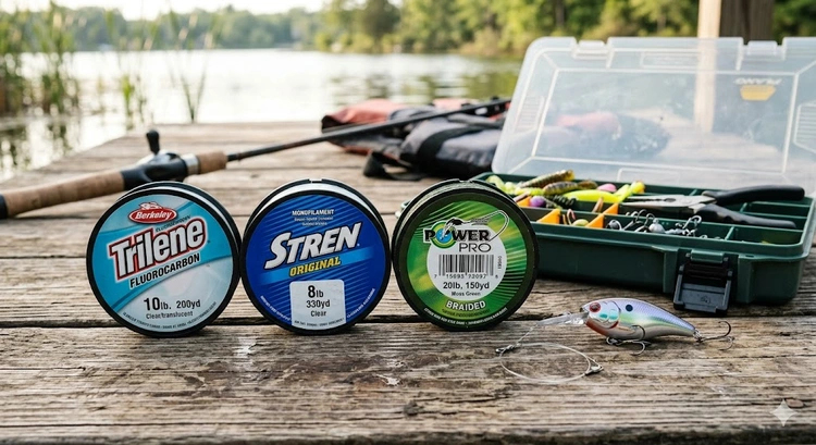 Best fishing line for bass — monofilament, fluorocarbon, and braided line spools on a fishing reel