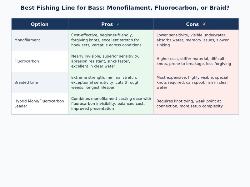 Side-by-side comparison of monofilament, fluorocarbon, and braided fishing line for bass fishing applications