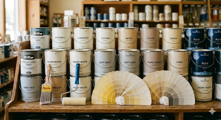 Best interior paint brands lined up on store shelf with color swatches and finish samples