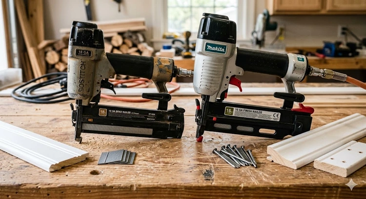 Brad nailer vs finish nailer side by side on a workbench showing gauge difference
