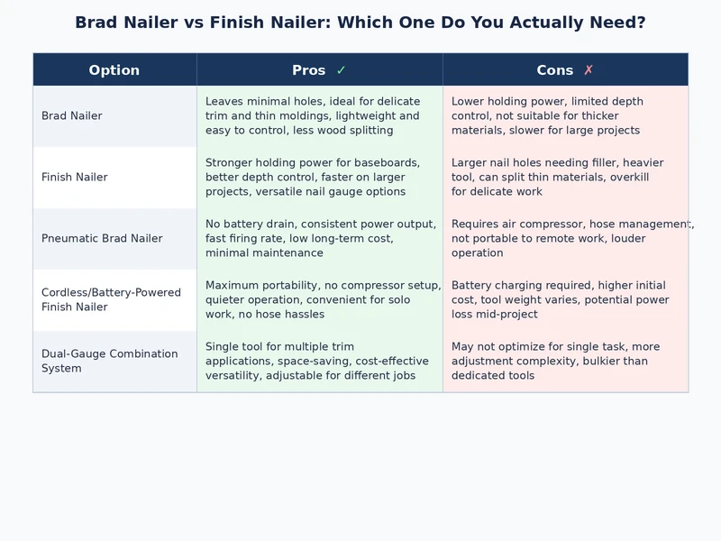 Visual comparison of brad nailer vs finish nailer nail holes in pine trim stock