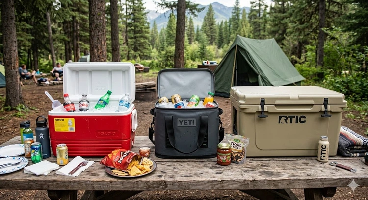 Hard cooler vs soft cooler vs rotomolded camping cooler buying guide comparison on a campsite