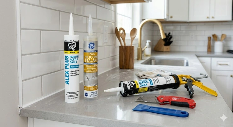 caulk vs sealant difference shown side by side with application on bathroom tile and window frame