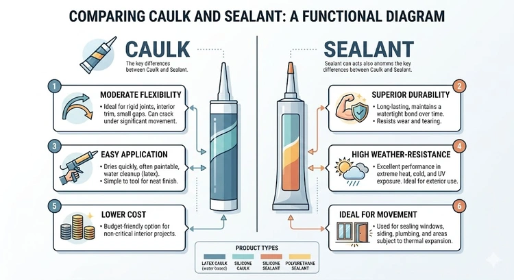 infographic showing caulk vs sealant difference with application guide, material types, and selection flowchart