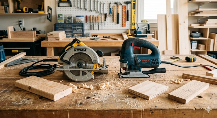 Circular saw vs jigsaw side by side comparison on a workshop bench