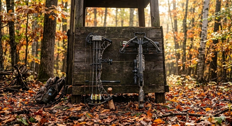 crossbow vs compound bow for hunting side by side on a wooden surface outdoors