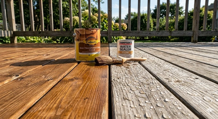 deck stain vs deck sealer comparison on weathered cedar boards showing UV protection difference