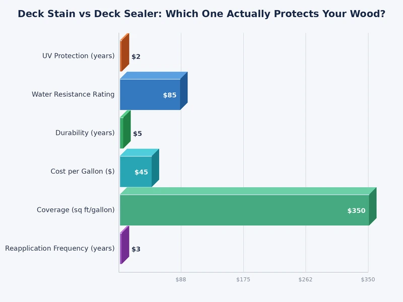 bar chart comparing deck stain vs deck sealer across UV resistance, water repellency, longevity, and cost per year