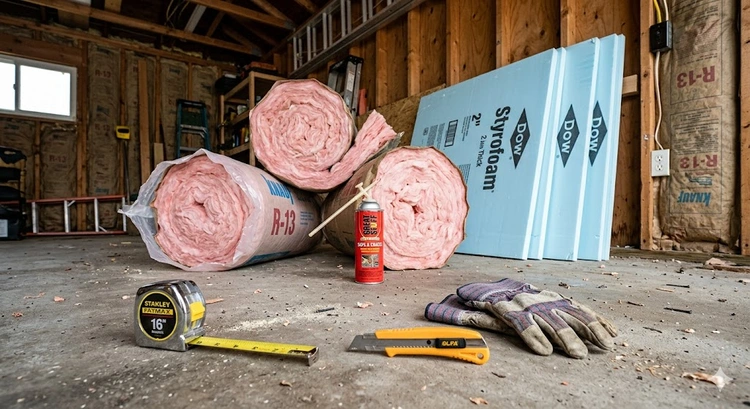DIY insulation buying guide showing fiberglass batts, rigid foam board, and blown-in cellulose materials