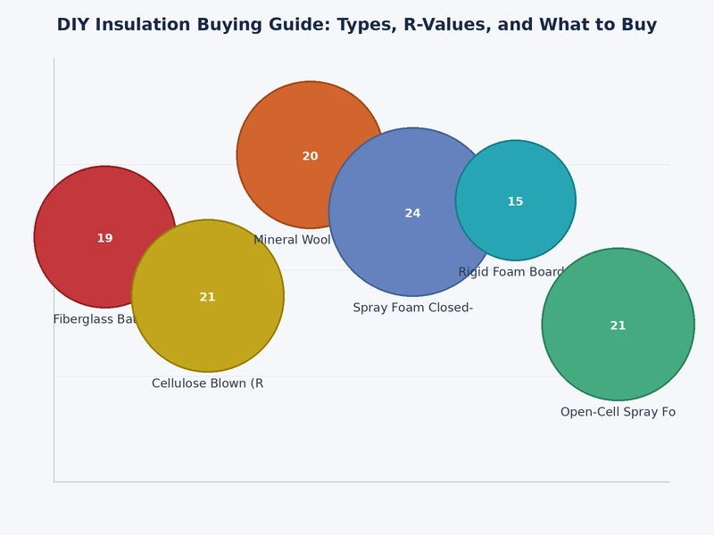 Bar chart comparing R-value per inch for fiberglass batts, mineral wool, cellulose, open-cell foam, closed-cell foam, and rigid foam board