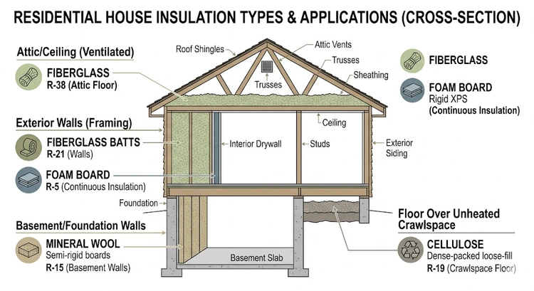 Infographic showing whole-home DIY insulation buying guide priority zones with R-value targets by location