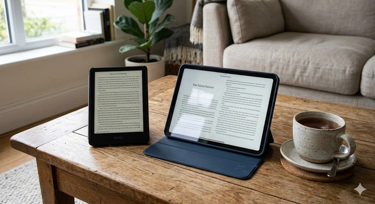 E-reader vs tablet for reading side by side comparison on a wooden desk