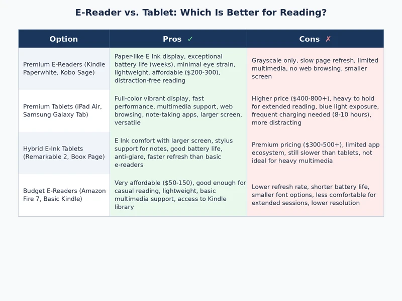 Comparison chart showing e-reader vs tablet for reading performance across use case scenarios