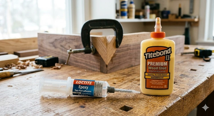 Epoxy vs wood glue comparison showing two-part epoxy resin and PVA wood glue bottles on a workshop bench