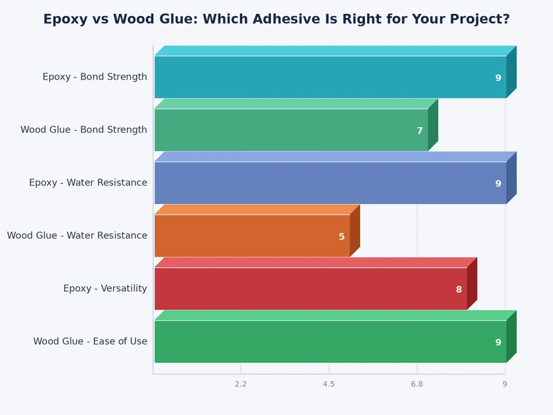Bar chart comparing epoxy and wood glue across bond strength, water resistance, gap-filling capacity, and cost per ounce