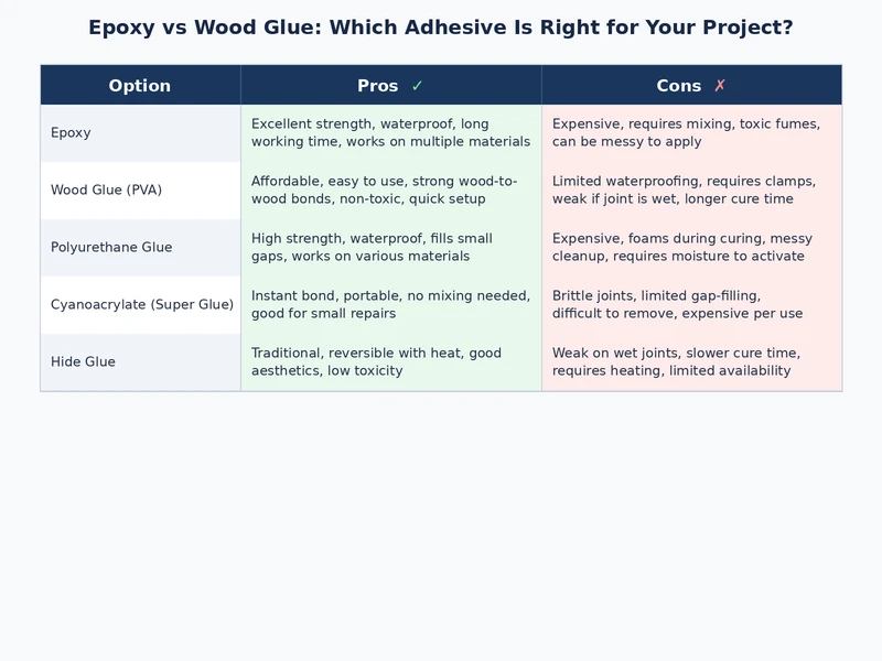 Cross-section comparison diagram of epoxy vs wood glue bond lines showing gap tolerance and bond line thickness differences