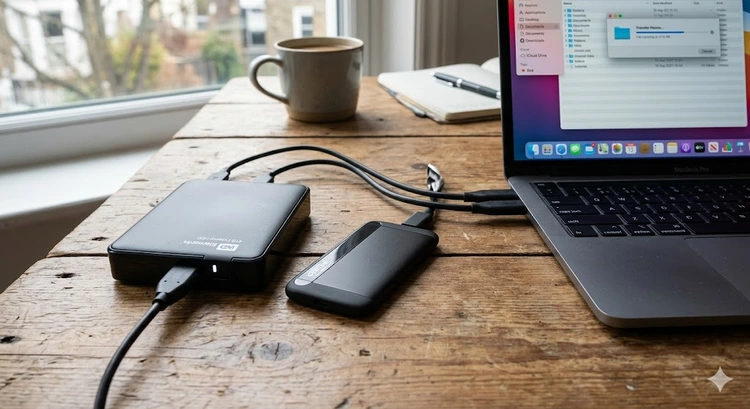 External SSD and external HDD side by side for backup comparison