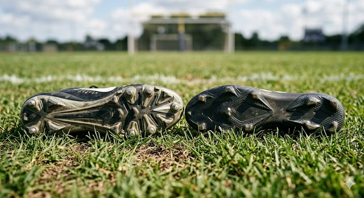 Football cleats vs soccer cleats placed side by side on a grass field