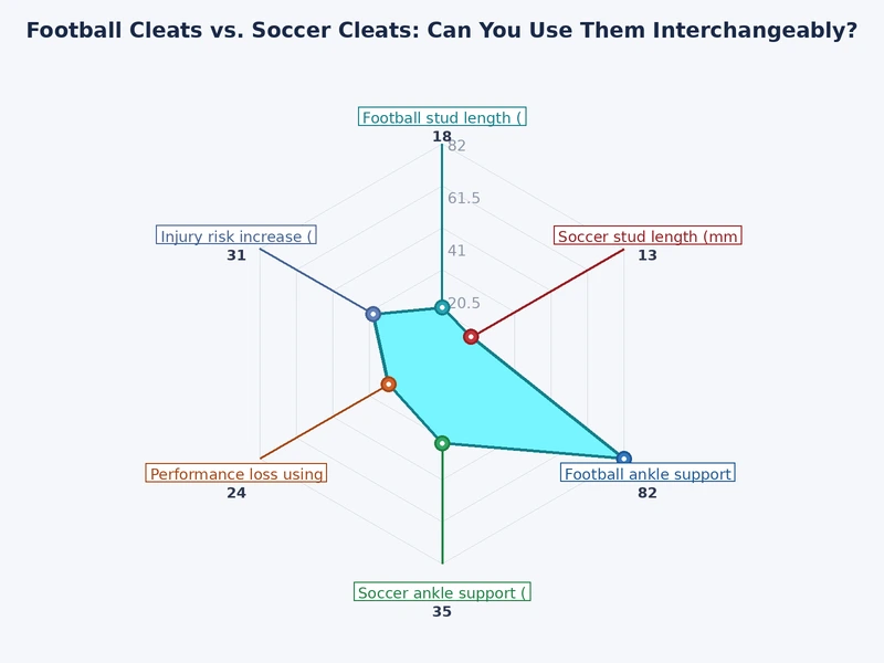 Bar chart comparing football cleats vs soccer cleats by weight, ankle height, and stud count
