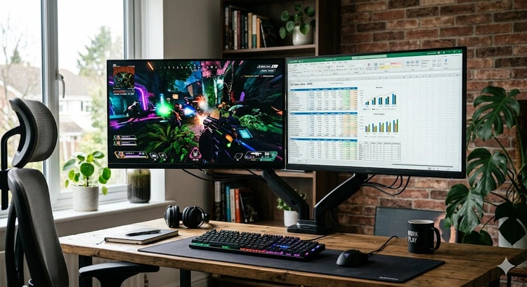 Gaming monitor vs work monitor side by side showing a high-refresh gaming panel next to a factory-calibrated work display