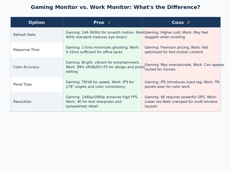 Comparison table of gaming monitor vs work monitor specs including refresh rate, color accuracy, response time, and recommended use cases