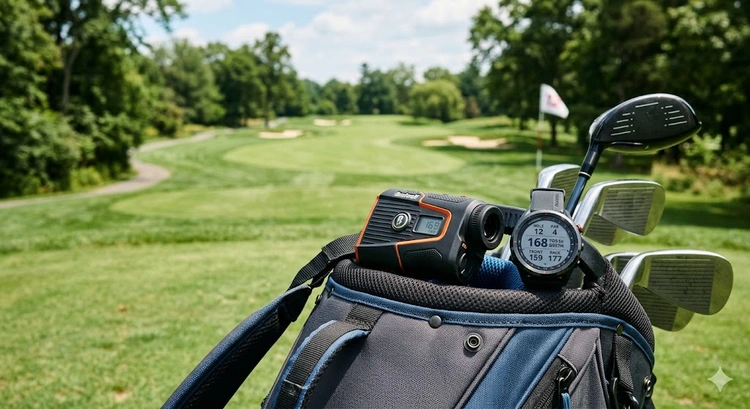 Golf rangefinder vs GPS watch placed side by side on a golf course fairway