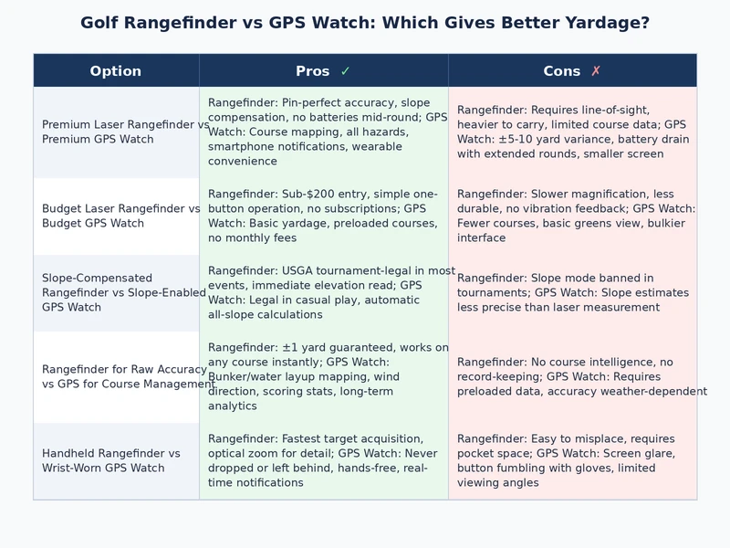 Golf rangefinder vs GPS watch comparison infographic showing feature breakdown and ideal player profiles
