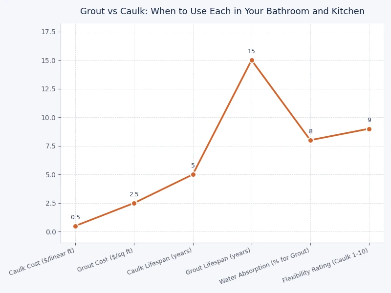 chart comparing grout vs caulk application zones across bathroom and kitchen surfaces