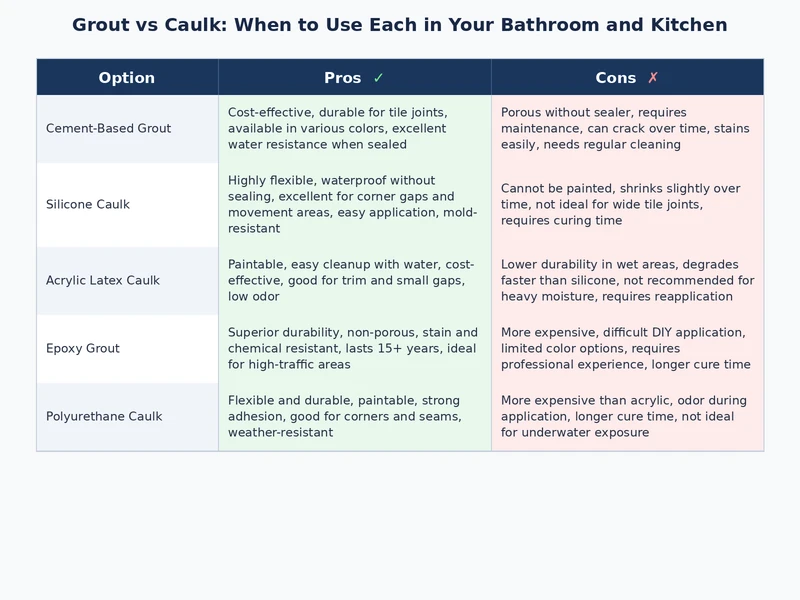 side-by-side comparison of grout vs caulk properties and recommended applications