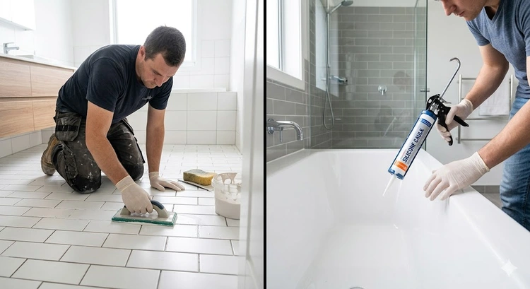 grout vs caulk tile joints — inside corner sealed with silicone caulk beside grouted field joints on tile wall