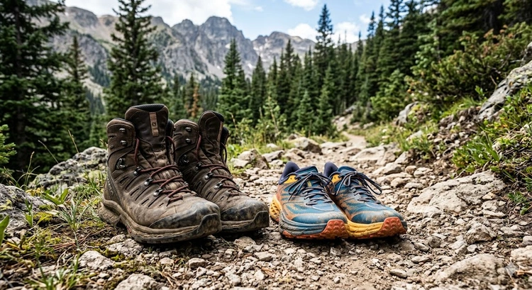 Hiking boots vs trail running shoes placed side by side on a rocky trail surface