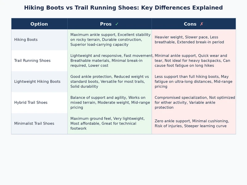 Infographic comparison of hiking boots vs trail running shoes showing key features and ideal use cases