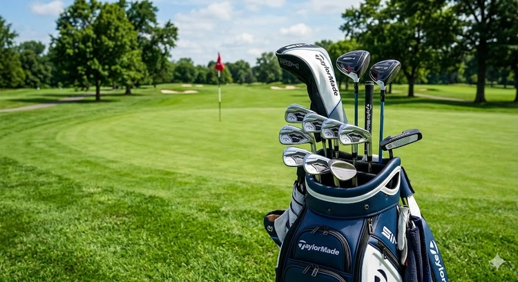 Golf club set cost comparison showing budget mid-range and premium options laid out on a green