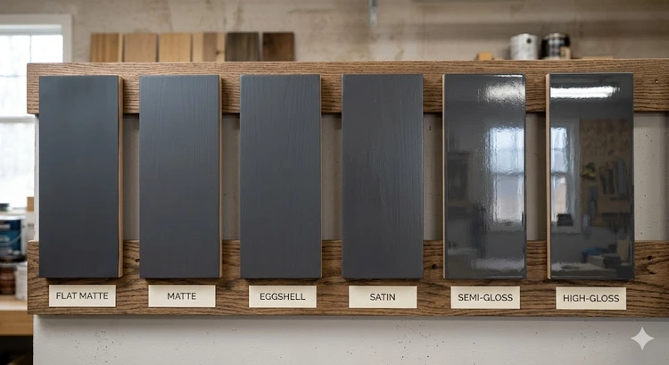 Paint sheen guide for homeowners showing flat, eggshell, satin, and semi-gloss finish samples side by side on a wall