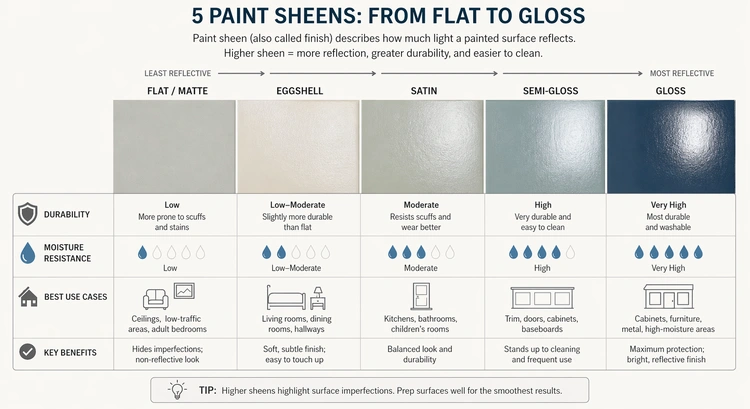 Infographic summarizing the paint sheen guide for homeowners with finish types, reflectivity levels, and room recommendations