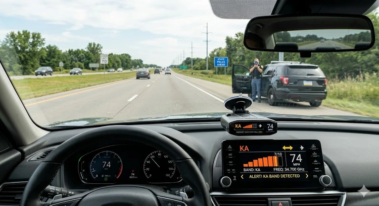 how do radar detectors work — windshield-mounted detector scanning for police radar signals on open highway