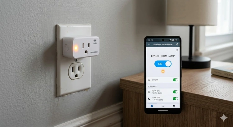smart plug inserted into a wall outlet with smartphone app control showing how smart plugs work