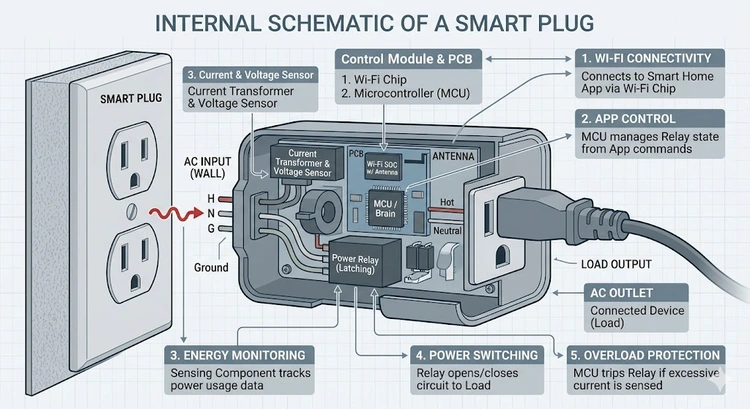 infographic diagram showing how smart plugs work including Wi-Fi, relay switch, app, and cloud control chain