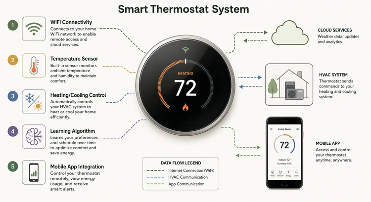 Infographic showing how does a smart thermostat work with labeled sensors, WiFi connection, learning algorithm, and energy-saving feedback loop