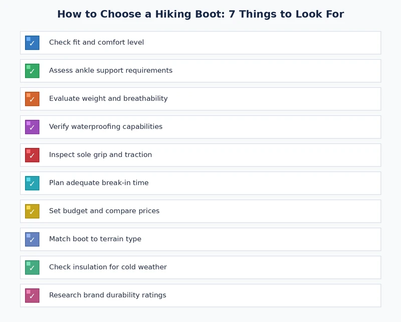 hiking boot fitting checklist with six tests for sizing, heel hold, and toe box