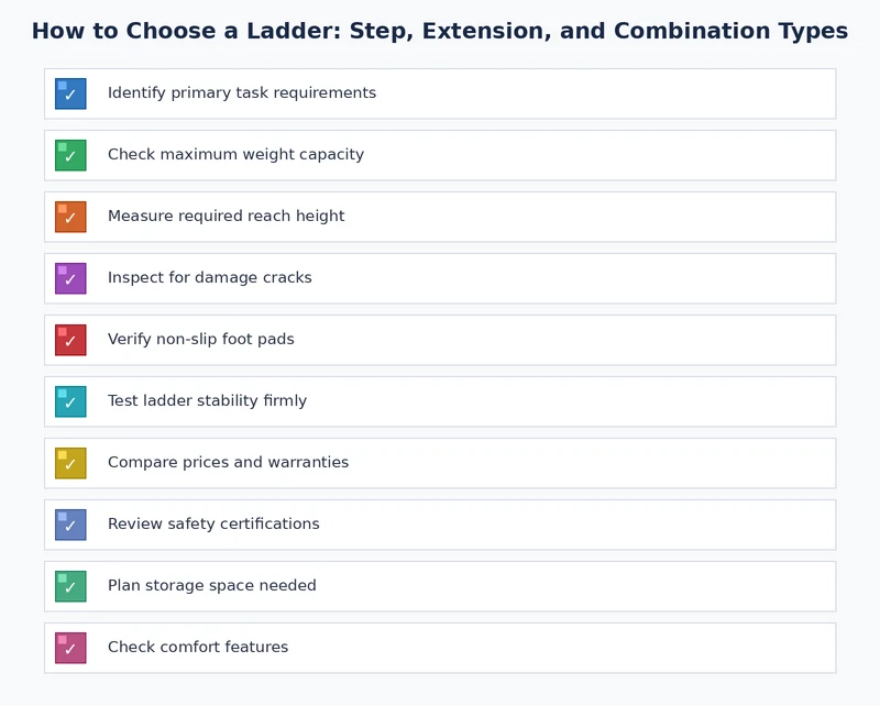 ladder selection checklist showing duty rating, height, material, and type for home use