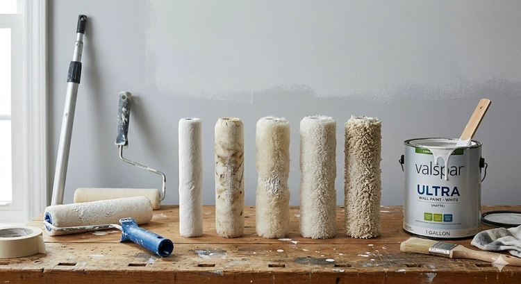 assorted paint rollers showing different nap thicknesses and frame types laid out on a workbench