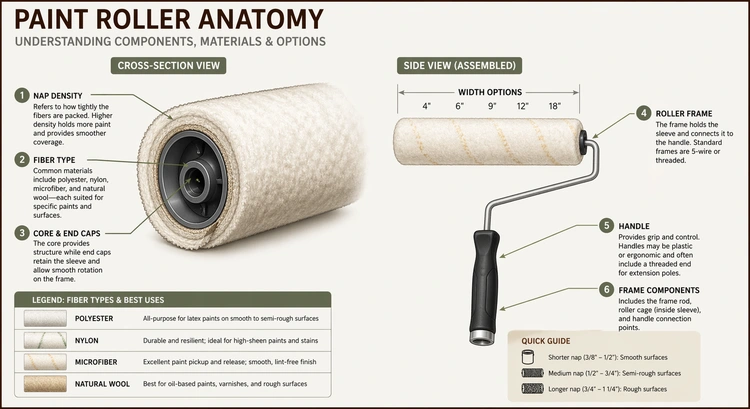 infographic summarizing how to choose a paint roller by nap thickness surface type and frame selection