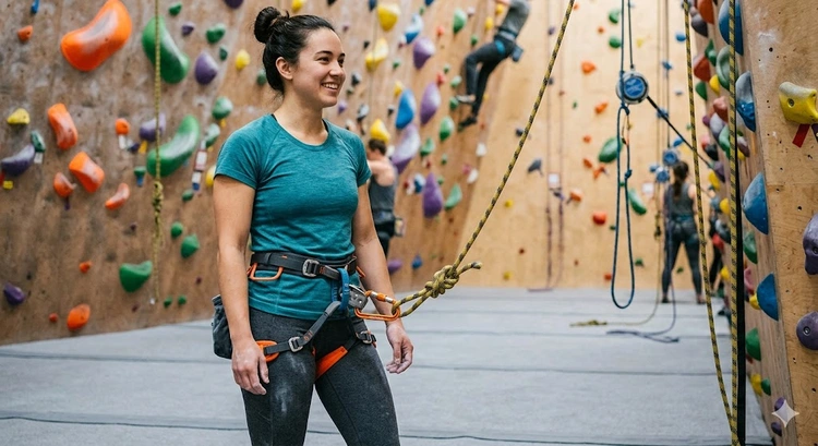 how to choose a rock climbing harness — beginner guide showing harness fit and components on a climbing wall