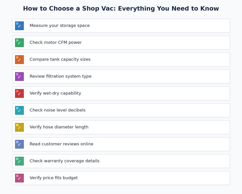 shop vac buying checklist covering use case, tank size, amperage, filter type, hose diameter, and accessories