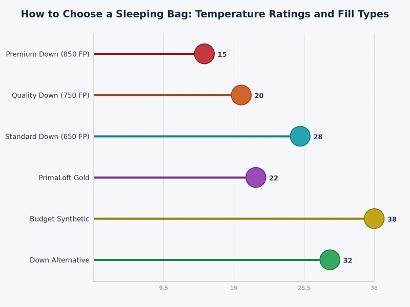 Chart comparing down vs synthetic sleeping bag fill types across warmth, weight, and wet performance metrics