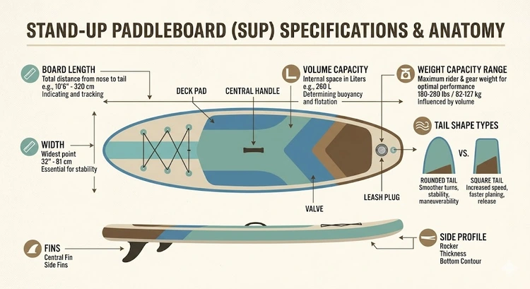infographic summarizing how to choose a paddleboard by volume width and hull shape