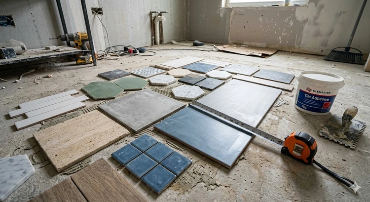 how to choose bathroom floor tile — samples laid out on a bathroom subfloor for comparison