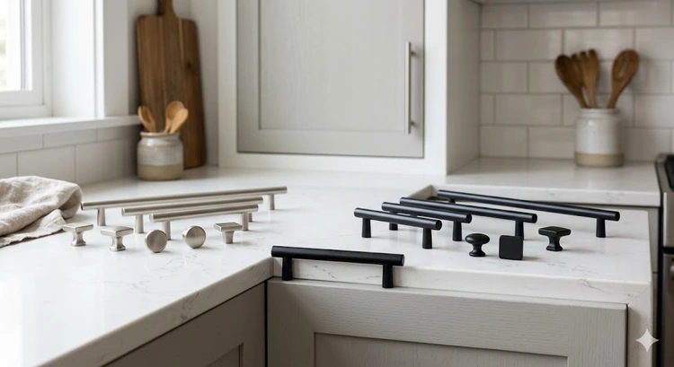 Assorted cabinet hardware including knobs, bar pulls, and concealed hinges arranged on a wooden surface for comparison